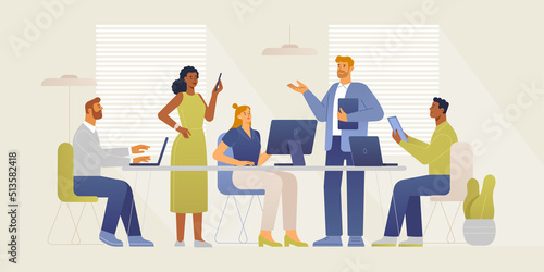 Business meeting team. People in open space coworking office concept design. Vector illustration for web banner, infographics, hero and characters images. Flat design, isolated on white background.