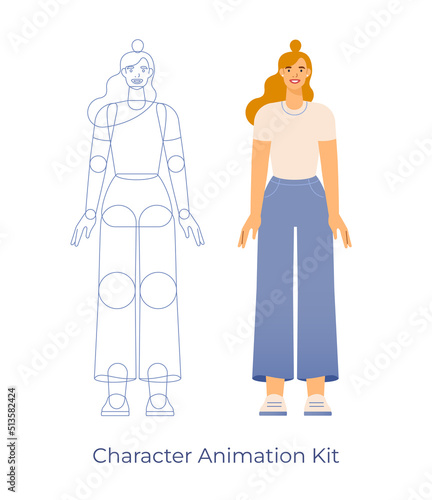 Vector illustration of a female character. Body parts for animation. A blond woman in casual outfit standing, front view. Flat design, isolated on white background. 