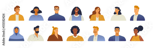 Vector collection of avatar portraits. Business people diverse faces, haircuts, nationality. Cheerful men and women persons, team group and employee. Isolated on white. Trendy, modern illustration.