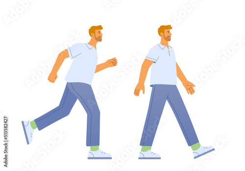 Vector illustration of a male character. Side running and walking poses for animation. A man walks and runs. Flat design, isolated on white background.