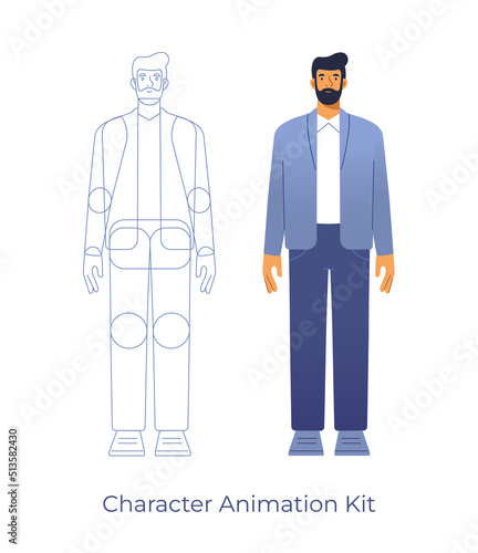 Vector illustration of a male character. Body parts for animation. A business man in suit standing, front view. Flat design, isolated on white background.