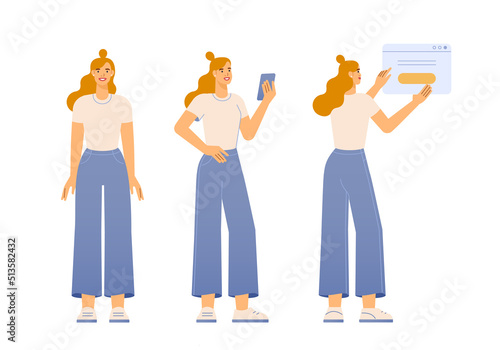 Vector illustration of a female character. Poses front, side, back. A woman in a casual outfit is standing. Flat design, isolated on white background. 