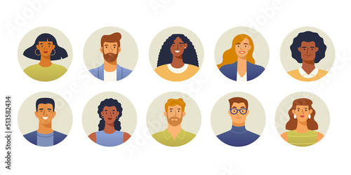 Set of people avatars. Smiling human male and female portrait in circle. Isolated on white background. Trendy, modern illustration in flat design. 
