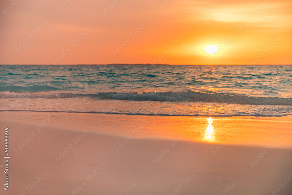 Closeup sea sand beach. Beautiful beach landscape. Inspire tropical beach seascape horizon. Dreamy sunset sky calm tranquil relax sunset summer mood. Positive energy, meditation summer tropical island
