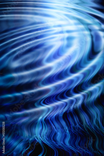 Illustration of beams of light with rippling effect against a dark background. Abstract circles and spiral zigzag lines in shades of blue. Blue wavy texture digital 3D art style