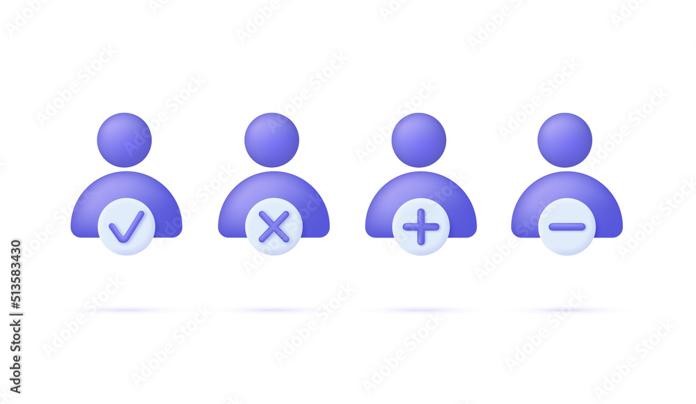 3D People icons set with pluse and minus and check, cross marks isolated on white background. Avatar, human, person, people icon. 3D People icons set with pluse and minus and check, cross marks isolated on white background. Avatar, human, person, people icon.