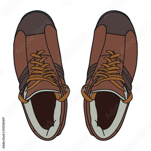 Hand drawn adventures shoes boots, trekking sneakers, gym shoes. Color doodle vector illustration.	
