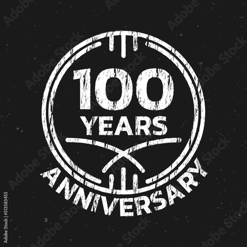 100th Anniversary logo or icon. 100 years round stamp design with grunge, rough texture. Birthday celebrating, jubilee circle badge or label template. Vector illustration.
