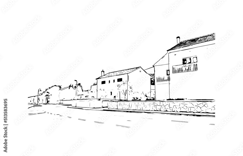 Building view with landmark of Murter is the Island in Croatia. Hand drawn sketch illustration in vector.
