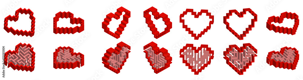 Fototapeta premium Set of 14 red isometric hearts. Half of them with a simple labyrinth inside. Vector 3d modern style rectangular symbols of love isolated on white background. Useful for logos, icons, etc
