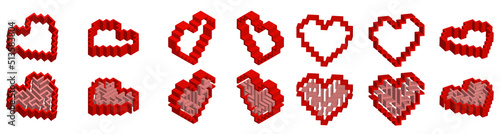 Set of 14 red isometric hearts. Half of them with a simple labyrinth inside. Vector 3d modern style rectangular symbols of love  isolated on white background. Useful for logos  icons  etc
