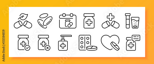Medicines set icon. Medical treatment, prescription, treat, pills, heart, blister, schedule, patient, doctor, drugstore. Healthcare concept. Vector line icon for Business and Advertising