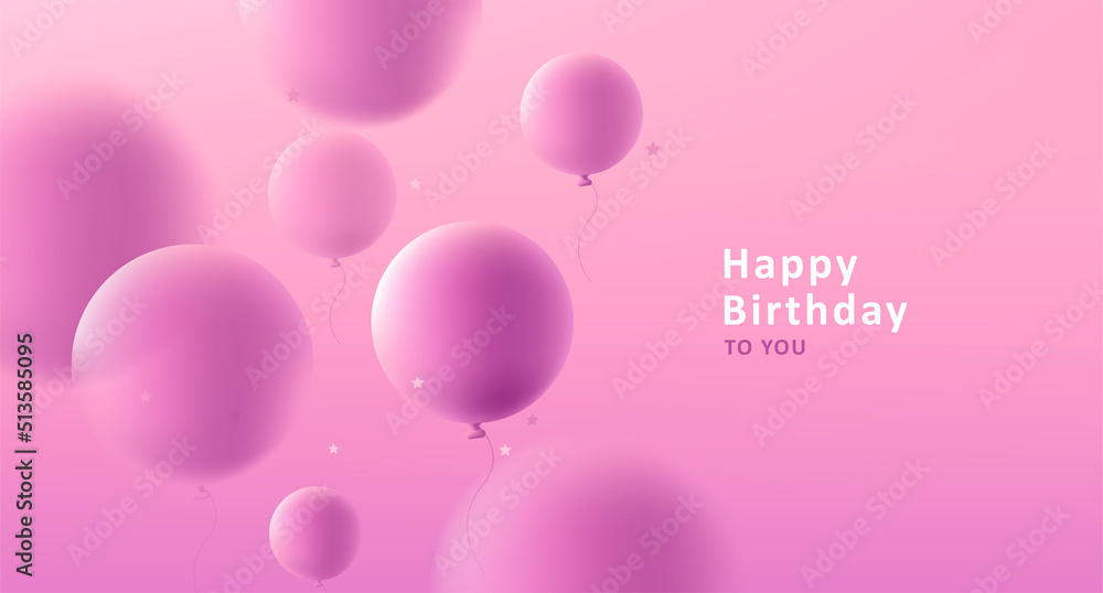 Happy Birthday pink greeting card with round 3d balloons. Vector illustration