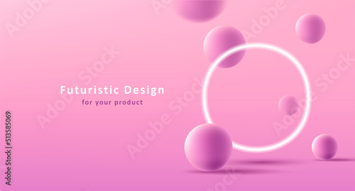 3d product backdrop with glowing neon circle and 3d spheres composition