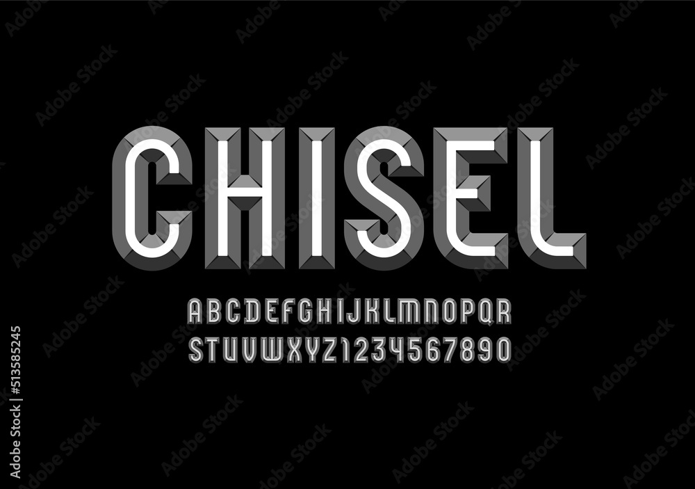 Alphabet from chiseled block, facet dark font, beveled letters and numerals