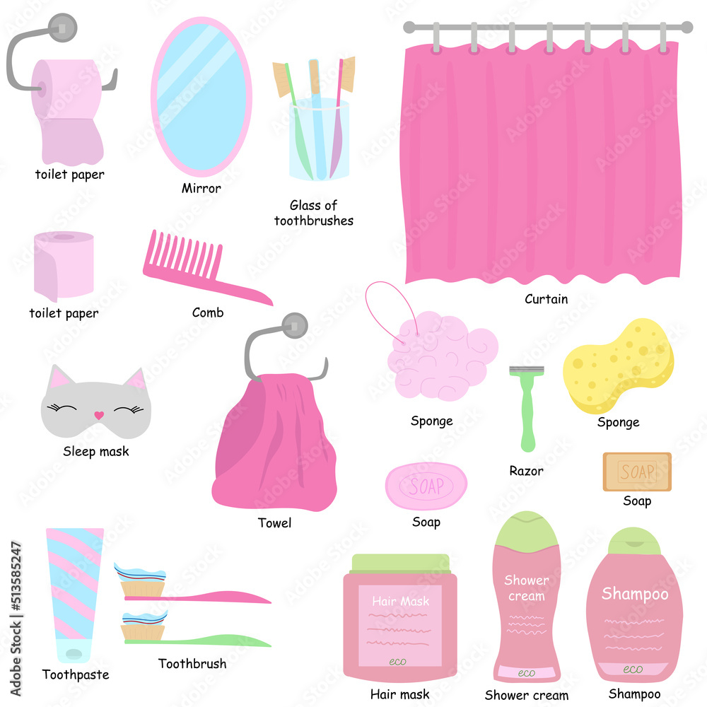 Flat style bathroom elements. Vector item in the bathroom, washcloths soap, hygiene