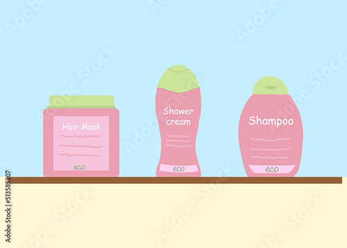 Hair care products shampoo, shower gel, hair mask one brand, on the bathroom shelf.