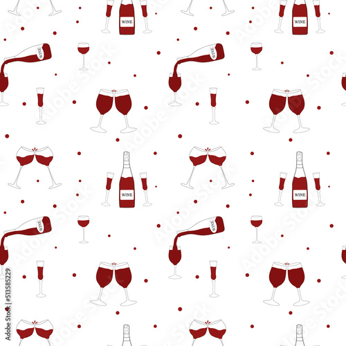 Bright seamless pattern with doodle wine glasses and bottles, with round spots.