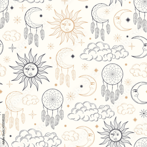 Hand drawn seamless pattern of Sun, Moon, dreamcatcher, feather, star, cloud. Celestial space vector. Magic space galaxy sketch illustration for wallpaper, wrapping paper