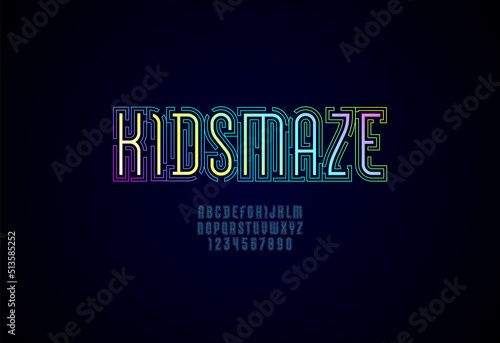 Font Maze, bright alphabet of game style, modern letters and numbers