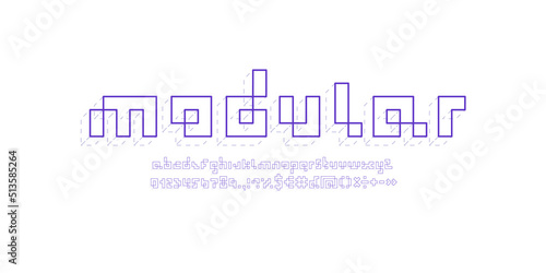 Pixel font, violet alphabet made in gray dotted line 3d style, vector illustration 10EPS