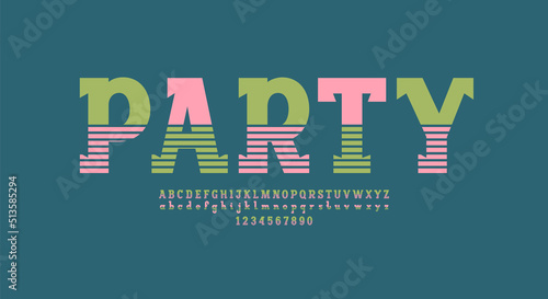 Multi colored font, slab serif alphabet, uppercase and lowercase letters and numbers made in striped style, vector illustration 10EPS