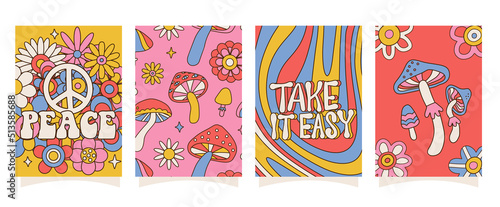 Canvas Print Groovy trippy A4 posters set with flowers, mushrooms, lettering quotes