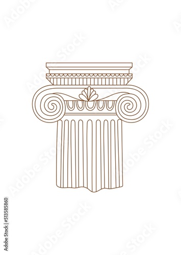 Linear drawing ancient Greek column. Architect symbol ionic column. Vector art for design of posters, clothes, logo, invitations.