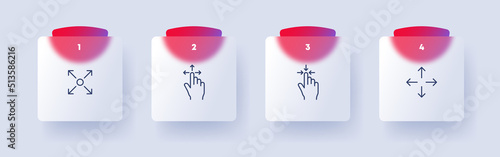 Zoom in and out set icon. Touch control, hand gestures, arrow, scale, increase, tap, swipe. concept. Glassmorphism style. Vector line icon for Business and Advertising