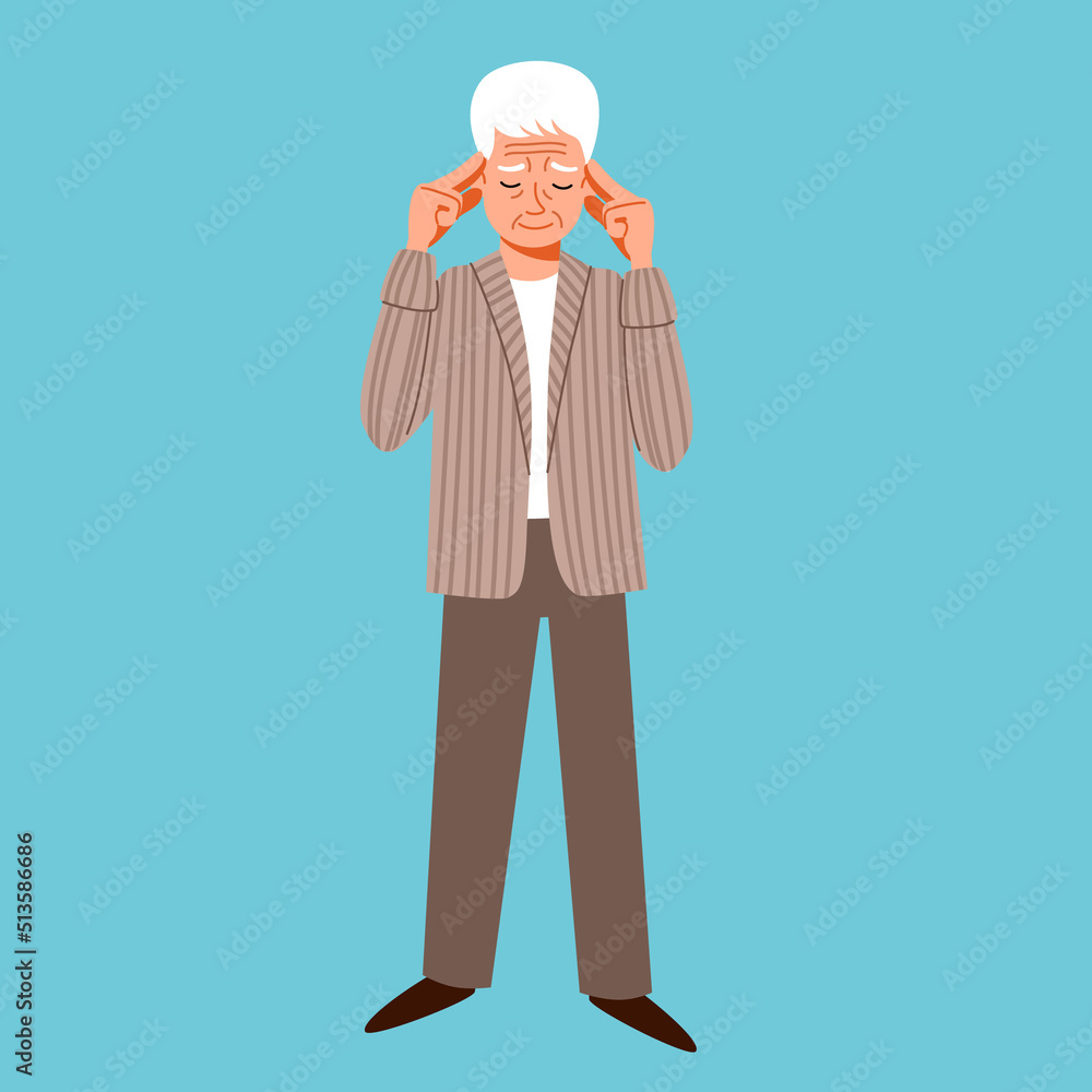 Obraz premium Grandpa is thinking, trying to remember. An elderly character with Alzheimers disease. Vector illustration in a flat style.
