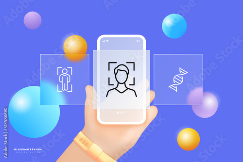Biometric data set icon. Face ID, identification, DNA, scan, scanner, recognize. Privacy concept. Glassmorphism. UI phone app screen with a hand. Vector line icon for Business