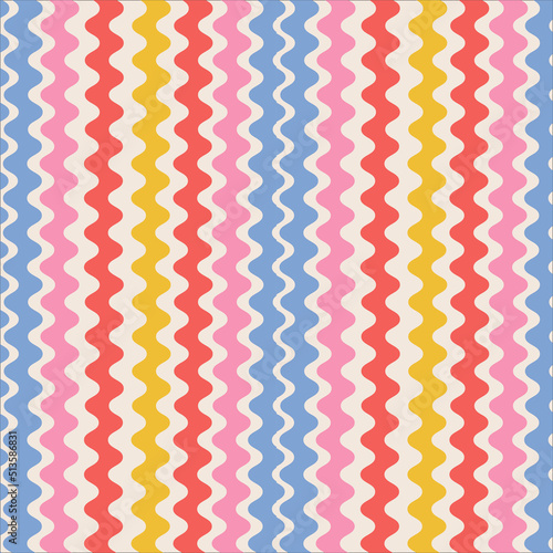 Retro striped wavy seamless pattern. 70s style abstract psychedelic waves flowing simple design. Summer wavy stripes childish fabric print. Geometric texture. Vector illustration.