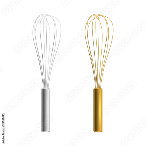 Vector Realistic 3D Metal Wire Whisk Icon Set Closeup Isolated. Cooking Utensil, Egg Beater, Culinary Air Whisk for Mixing and Whipping. Design Template, Mockup, Clipart for Bakery