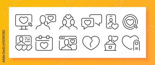 Hearts set icon. Love, long distance relationship, online communication, calendar, broken heart, dating app. Relationships concept. Vector line icon for Business and Advertising