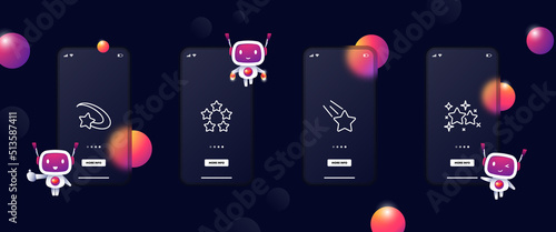 Stars set icon. Rating, rate the service, evaluate, falling, shining, shine, user, reaction, comment. Feedback concept. Glassmorphism. UI phone app screens with robots. Vector line icon for Business