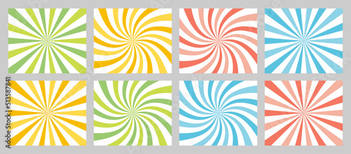 Solar explosion Sun Burst Effect. Vector Sunburst wallpaper. Multicolor burst set of 8 sun rays background. Circus background, abstract pattern with colorful rays, banner element for show, fair. 