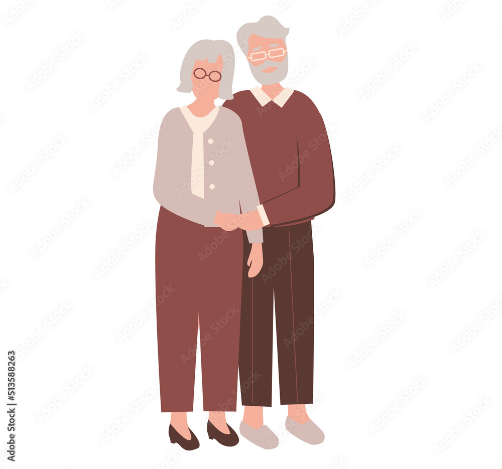 Happy of a senior elderly couple isolated on a white background, old couple.An elderly man and woman. Cartoon elder grandparents. Colored flat illustration of a gray-haired grandmother, grandfather Happy of a senior elderly couple isolated on a white background, old couple.An elderly man and woman. Cartoon elder grandparents. Colored flat illustration of a gray-haired grandmother, grandfather