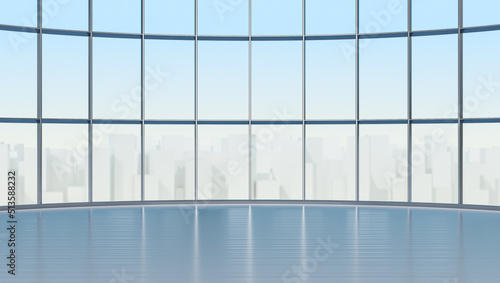 Curve window with white city background. Open space product display showcasw space. 3D rendering.