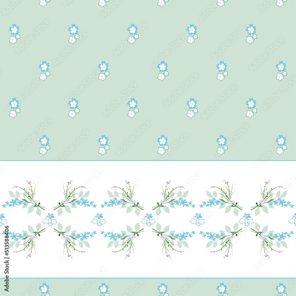 Floral seamless vector pattern. Delicate of small flowers on a light green background with border tape for the design of home textiles, wallpaper, wrapping paper