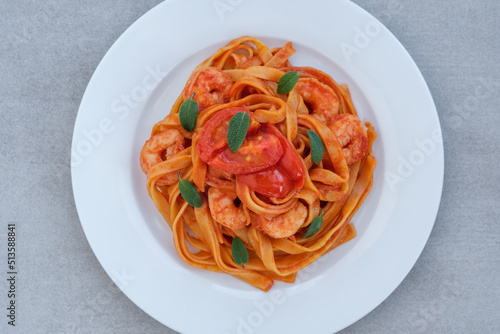 Tomato garlic shrimp tagliatelle pasta