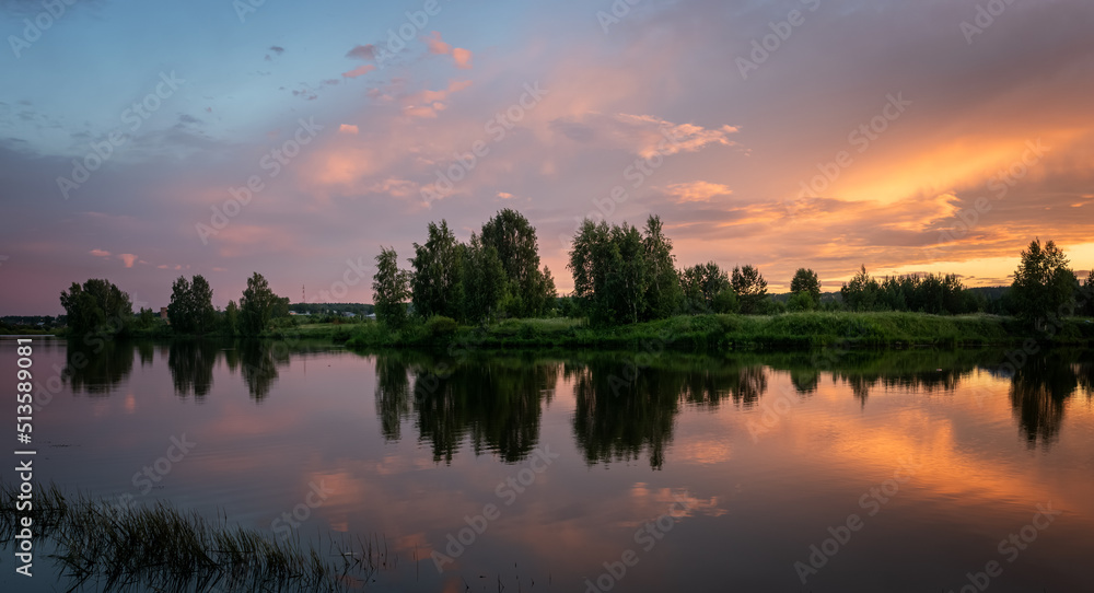 evening landscape in Russia in June, Ural