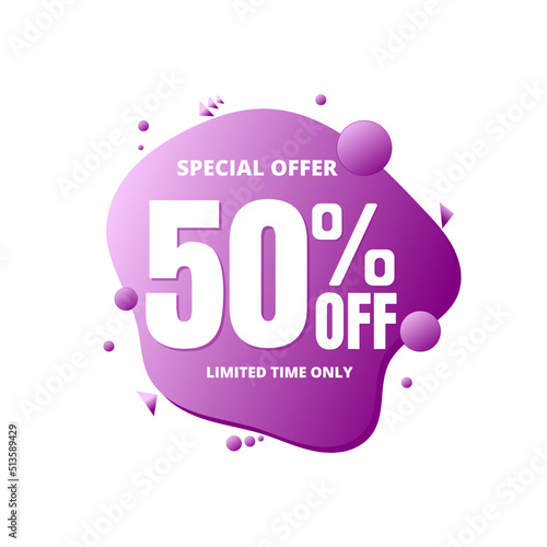 50% off, special offer, limited time only. 3D purple bubble design. Super discount online coupon. vector illustration, fifty 