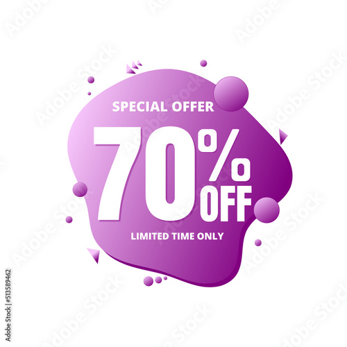 70% off, special offer, limited time only. 3D purple bubble design. Super discount online coupon. vector illustration seventy