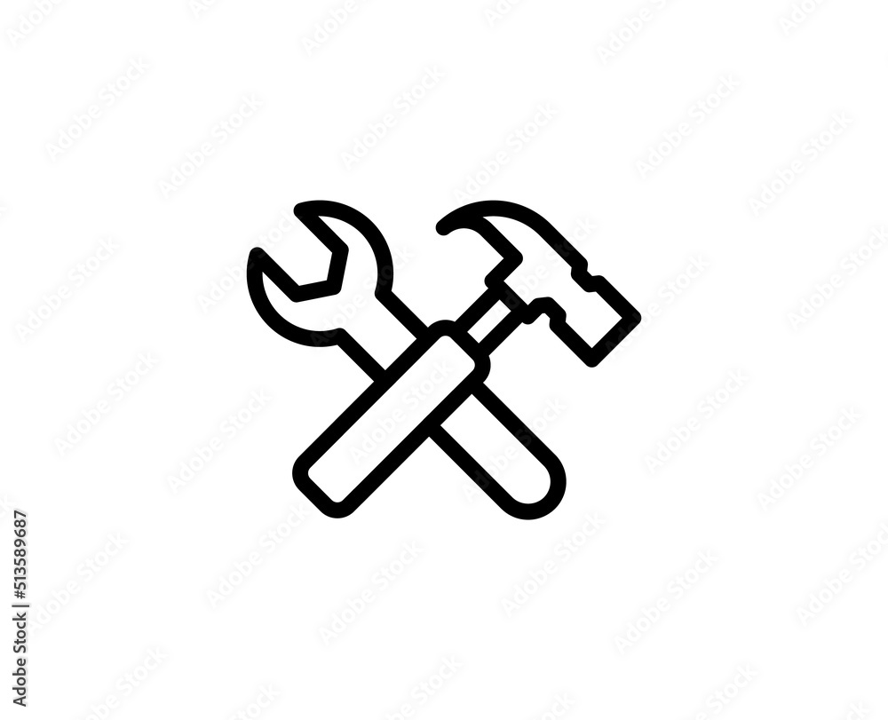 Hammer and wrench icon concept. Modern outline high quality illustration for banners, flyers and web sites. Editable stroke in trendy flat style. Line icon of repir Hammer and wrench icon concept. Modern outline high quality illustration for banners, flyers and web sites. Editable stroke in trendy flat style. Line icon of repir