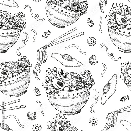 Bowl noodles seamless pattern. Ramen bowl sketch background. Asian food. Chinese, Korean, Japanese cuisine. Design template. Hand drawn vector illustration.
