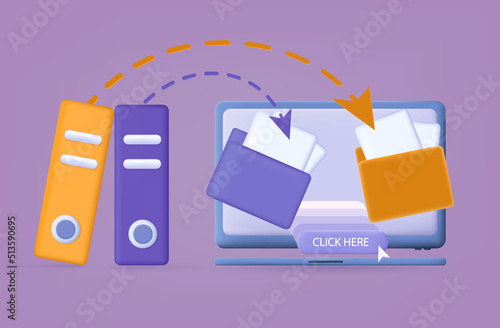 3d transfer folder data. Digital file moving to cloud, another drive. The completed document is archived. Transferring data, loading files. Access, share up information, upload, backup folder. Vector