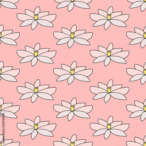 Lotos hand drawn seamless pattern in cartoon comic style bloom flower