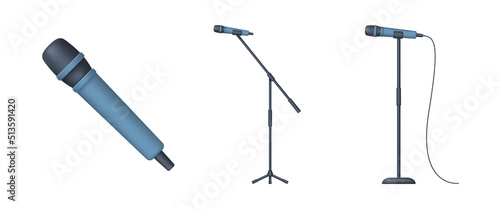 Set of blue vocal 3d microphones isolated on white background. Trendy vector illustration