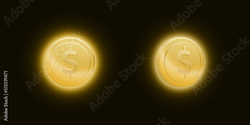 Set of gold dollar coins with a bright glow on dark background. Vector illustration