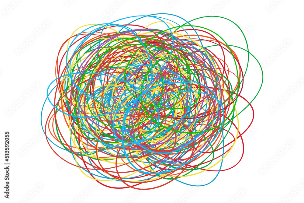 Colorful tangled on white. Chaos pattern. Scribble sketch. Bright background with array of lines. Intricate chaotic texture. Art creation. Print for polygraphy, posters and t-shirts Colorful tangled on white. Chaos pattern. Scribble sketch. Bright background with array of lines. Intricate chaotic texture. Art creation. Print for polygraphy, posters and t-shirts